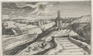 Hill Landscape with a Windmill (series: Various Landscapes, Topographia variarum regionum) by Simon Frisius (attributed to)