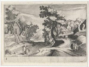 Wooded Hilly Landscape with Buildings and Figures