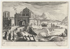 Disciples at Emmaus before a City Gate in a Mountain Landscape (Southern European Landscapes series) by Simon Frisius