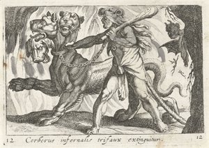 Hercules Captures Cerberus (Herculean Themes) by Simon Frisius