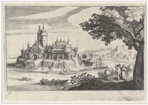 Hilly Landscape with a Castle on an Island (Southern European Landscapes, Topographia variarum regionum) by Simon Frisius