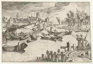 River landscape with a city in the background (Landscapes with figures series) by Simon Frisius