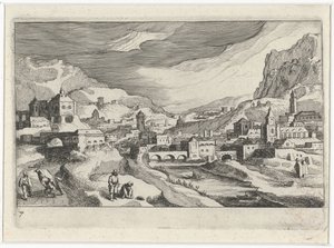 Cityscape in a River Valley by Simon Frisius