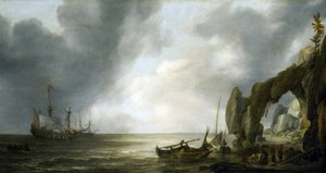Dutch warships anchored off a rocky coast, a few crewmen landed on the shore, gathered around fishing baskets by Simon Jacobsz. Vlieger