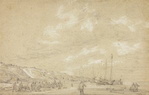 Fishermen drying nets on Scheveningen Beach by Simon Jacobsz. Vlieger