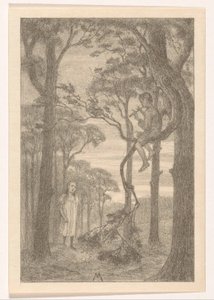 Girl and Flute Player in Forest by Simon Moulijn