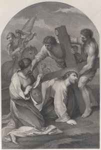 Christ fallen to the ground under the weight of the cross, with two men assisting by Simon Vallee