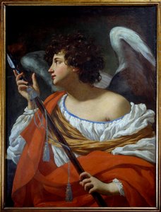 The angel carrying the spear having pierced the heart of Christ and the sponge soaked in vinegar