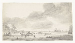 Beach Scene with Shellfishers and Walkers by Simon de Vlieger (possibly)