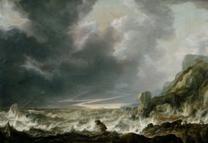 Ship in Distress off a Rocky Coast by Simon de Vlieger