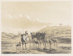 Shepherd Boy with Flock in Shallow Water