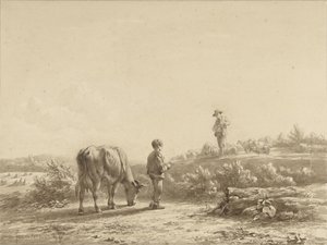 Boy with Cow and Shepherd by Simon van den Berg
