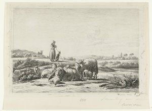Landscape with Shepherdess and Dog by Flock of Sheep by Simon van den Berg