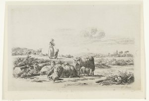 Landscape with Shepherdess and Dog by Flock of Sheep