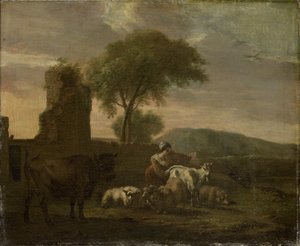 Italian Landscape with Shepherdess and Flocks by Simon van der Does
