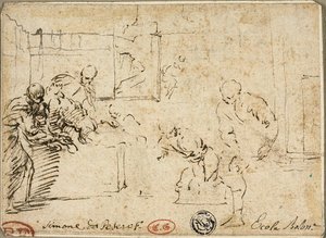 Interior with Male Nude Surrounded by Five Figures by Simone Cantarini