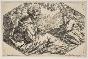 Repose in Egypt, Mary Holding and Looking at the Infant Christ while St. Joseph Stands by Simone Cantarini