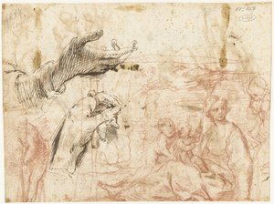 Sketch Sheet with Various Compositions, Including Two Hands by Simone Cantarini