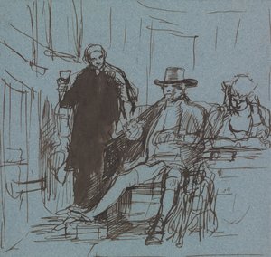 Captain Locker Seated at a Table with His Daughter; a Butler Standing Beside Him