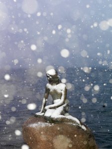 Snow storm on The Little Mermaid statue by Edvard Eriksen, winter in Copenhagen Denmark, 2022