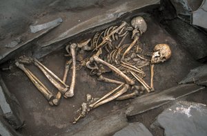 The bones of two Scythians lie in a 3000 year-old grave at Arzhan-2, 2003