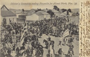 Postcard depicting Olliviers Commando leaving Rouxville by South African Photographer