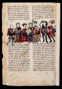 A man presents a book to the king, miniature in 