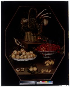 A Still Life with Pomegranates and Grapes in a Basket by Spanish School