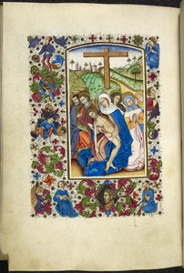 The Virgin Mary holding the body of Christ, with two disciples and women beside her, from a 