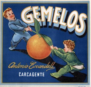 Advertising for oranges, image of two twin babies fighting for an orange. Advertising poster, Valencia by Spanish School