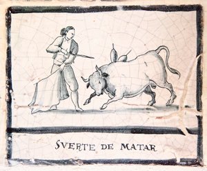 Bullfight scene on an antique tile - The Killing Stage by Spanish School