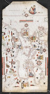 Chart of the Mediterranean and the Black Sea, and a portion of the Atlantic, from the British Islands in the north to the Canaries in the south; with the coast-lines; and with the names of the principal towns in Spanish, By Jaume Oliues, Mallorqui en Missi by Spanish School