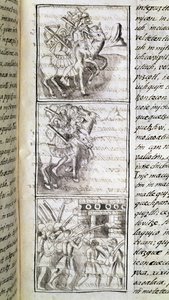 Codex of the conquest of Mexico: the Spaniards ready to attack the city of Tenochtitian. Miniature of the Florentine manuscript 