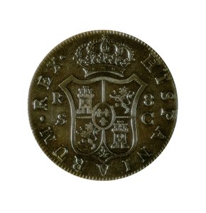 Coin of 8 Spanish Reals, Castilian Currency Struck in Seville During the Reign of Charles IV