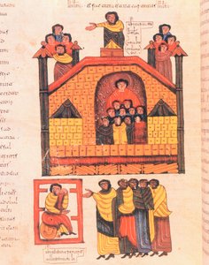 Conquest of Jerusalem by Nebuchadnezzar and the prophet Jeremiah receiving the dignitaries of the city, from the Visigothic-Mozarabic Bible of St. Isidores, A.D. 960