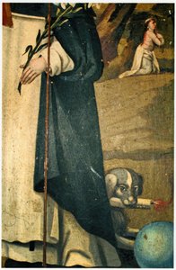 Detail showing the lily, staff and dog with torch, attributions of St. Dominic by Spanish School