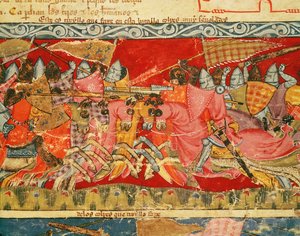 Battle between Greeks and Trojans, from the Codex Benito Santa Mora