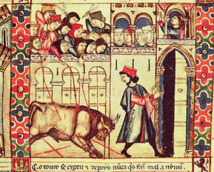 Death of a bull in the ring, from the manuscript made under the direction of Alfonso X The Wise King of Castille and Leon
