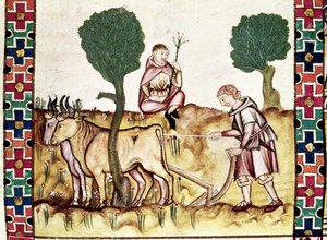 A farmer teaching his son to plough a field