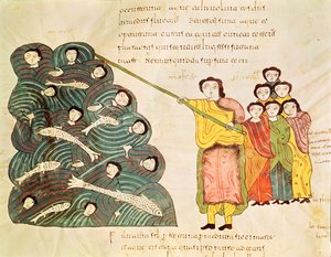 Moses closing the Red Sea on the Egyptians, from the Bible Mozarabe