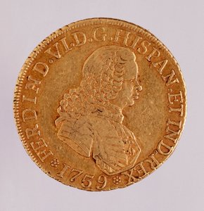 Golden coin (8 ecus) from Spain: reign of Ferdinand VI (1746-1759). 1759 Naples, museo archeologico