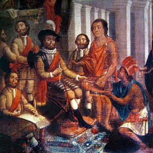 Hernando Cortes receiving the homage of the Aztecs