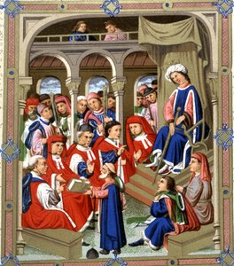 Jaume Marquilles gives his book to Counselors of Barcelona in the presence of King Alfons IV the Magnanimous, 15th century (manuscript)