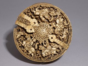 Lid of a Container Decorated with Four Huntsmen and Animals, Umayyad Period, 998-999 AD