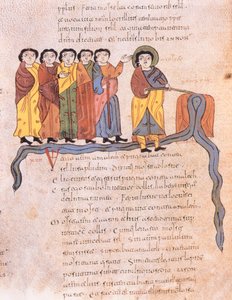 Moses makes the water flow from the rocks at Horeb, Exodus 17:1-7, from the Visigothic-Mozarabic Bible of St. Isidores, A.D. 960