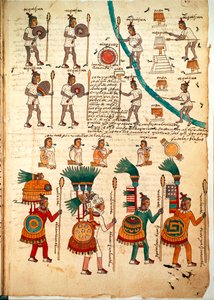 Page from the Codex Mendoza showing Aztec warriors armed with spears and shields (c.1541-42) by Spanish School