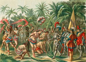 Reception from Anacaona, called the Golden Flower, on Hispaniola for Bartholomew Columbus and Hermano del Almirante by Spanish School