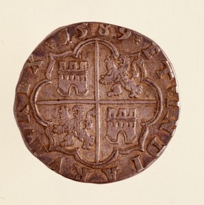 Silver coin (8 reales) from Spain: reign of Philip II (1556-1598). 1589 Diameter 3.5 cm
