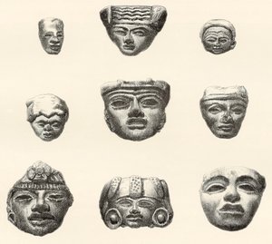 Stone Heads and Masks Found at Teotihuacan by Spanish School