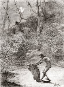 Sunos Indians hunting freshwater turtles in the Napo River, Ecuador